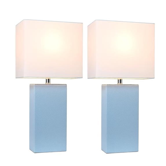 Modern Leather Table Lamps, Periwinkle with White Fabric Shades - Pack of 2