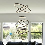 Modern Led Chandelier 8 Ring Pendant Ceiling Light With Remote Control, Black Ring Chandelier Light Fixture for High Ceiling Living Room Bedroom Foyer Entryway Staircase