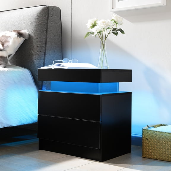 Modern Led Desk With 2 Drawers For Bedroom And Writing Area - Black Nightstand & Living Room