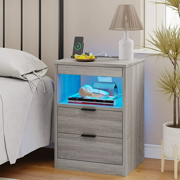 Modern Led Light End Table with 2 Drawers and An Open Shelf Beside Table USB Port,Gray