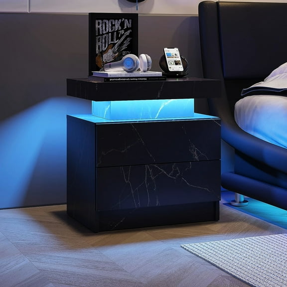 Modern Led Storage Table With 2 Drawers - Black Gold Edition For Home Multi-color Nightstand Bedroom Style