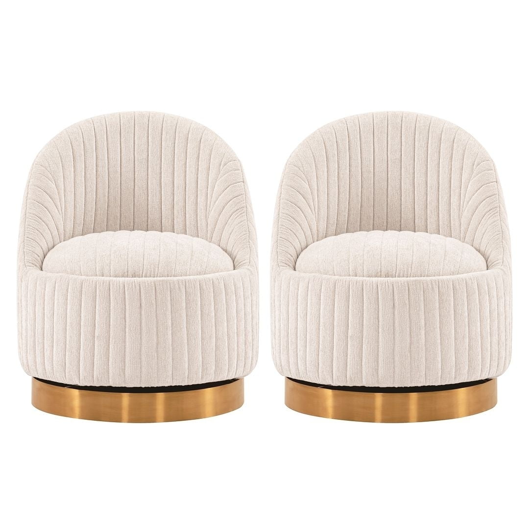 Cream Boucle Swivel Barrel Chairs with Gold Base, Set of 2