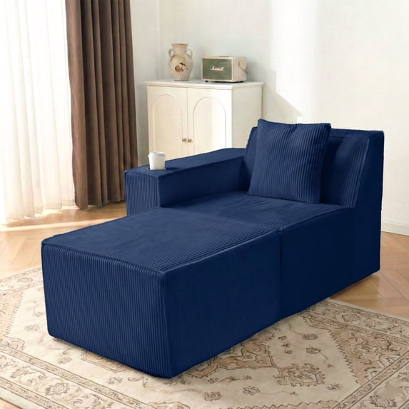 Modern Left Chaise Lounge Chair, Blue Boneless Corduroy Couch with Left Ottoman for Small Spaces, Compact Apartments, or Living Rooms, No Assembly Required