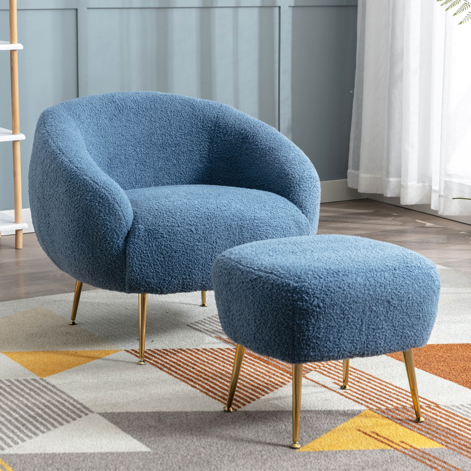 Modern Leisure Accent Chair with Ottoman Teddy Short Plush