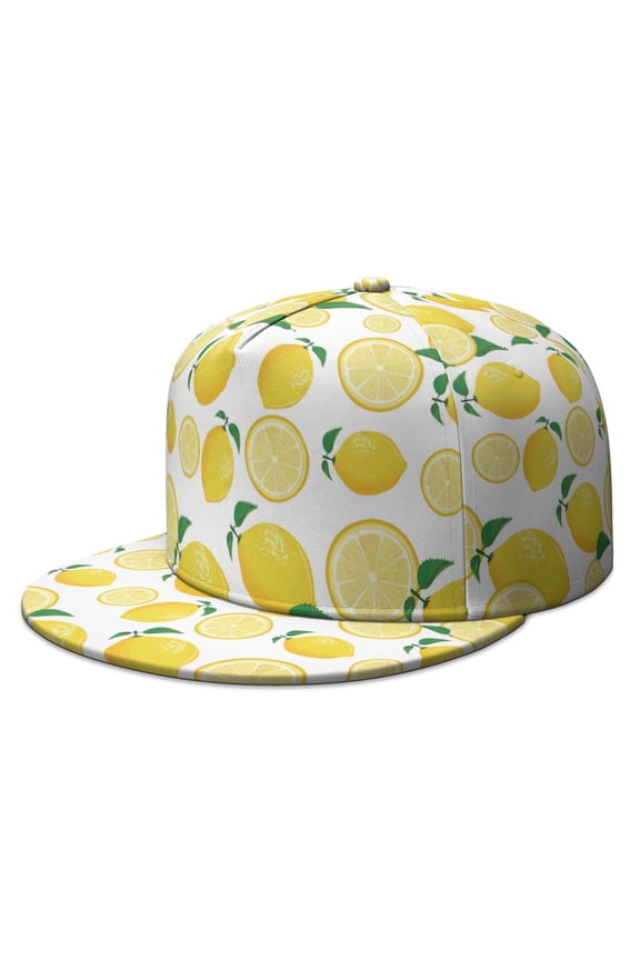 Modern Lemon Cap - Retro Fruit Pattern Flat Brim Snapback, Vintage I Love Lemons Design