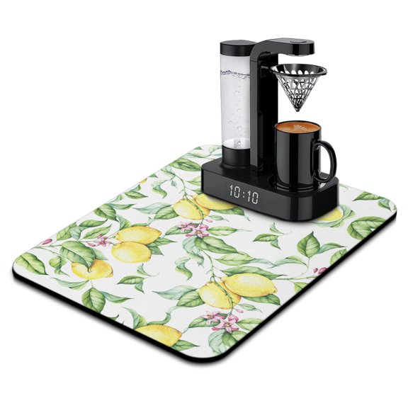 Modern Lemon Print Coffee Mat Non-Slip Absorbent Mat for Coffee Bar, Pet Bowls Retro Bright Yellow Summer Fruit Floral Style