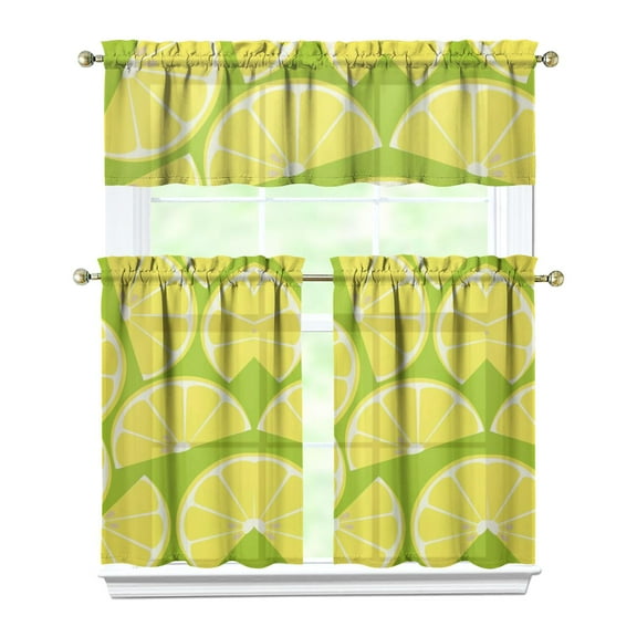 Modern Lemon Print Kitchen Curtains Set - Fresh Spring Floral Tier Curtains, Rod Pocket Design