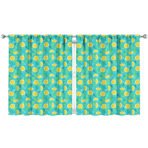 Modern Lemon Print Window Panels - 2 Pack Bright Yellow Summer Design, Rod Pocket Tier Kitchen Curtains