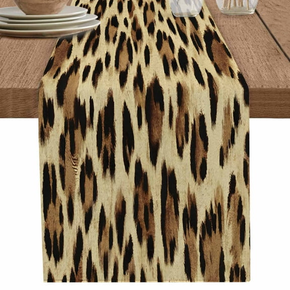 Modern Leopard Print Table Runner-36 Inch Long Brown Abstract Impressionist Style Table Runners Linen Burlap Tablerunner for Kitchen Dining Room Holiday Party