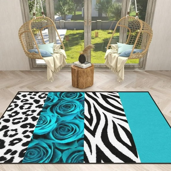 Modern Leopard Print Turquoise Rose Area Rug Teal Flower Hallway Runner Carpets Wild African Animal Pattern Non-Slip Floor Mat For Living Room Bedroom Dining Room Studio 4x5ft