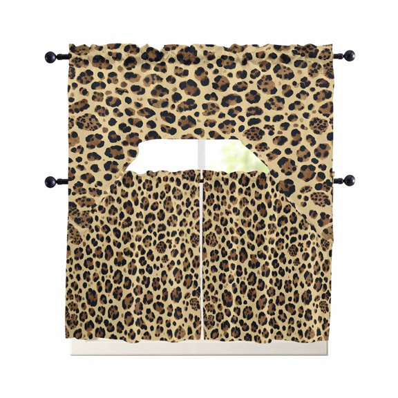 Modern Leopard Textured Kitchen Curtain and Valance Set 3 Pieces, Rod Pocket Short Tier Curtains 24 Inch Length, Chic Animal Fur Printed Swag Topper Small Window Treatment for Cafe Bathroom Bedroom