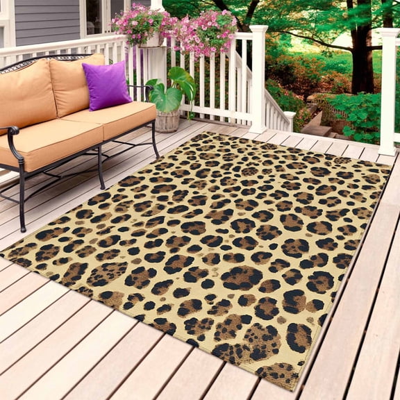 Modern Leopard Textured Outdoor Rug 4x6 Ft, Non Slip Washable Area Rug, Chic Animal Fur Printed Patio Rugs Carpet Runner, Large Floor Mat for Indoor/Outdoor Deck Porch Camping