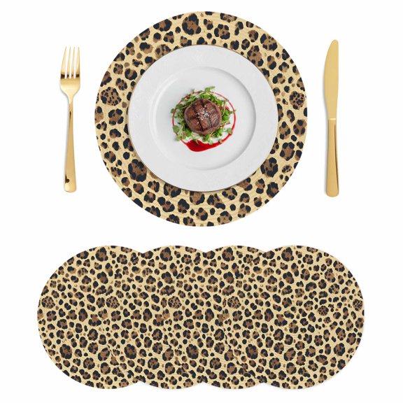 Modern Leopard Textured Round 13 Inch Placemats Set of 4, Chic Animal Fur Printed HeatResistant Non Slip Place Mats for Dining Table, Wipeable Braided Kitchen Table Mats for Housewarming