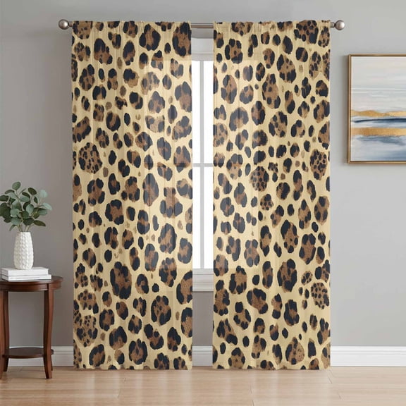 Modern Leopard Textured Sheer Curtains 63 Inch Length 2 Panels Set, Chic Animal Fur Printed Voile Window Treatment Rod Pocket Curtains Sheers Drapes for Bedroom/Living Room/Kitchen 52x"63"x2