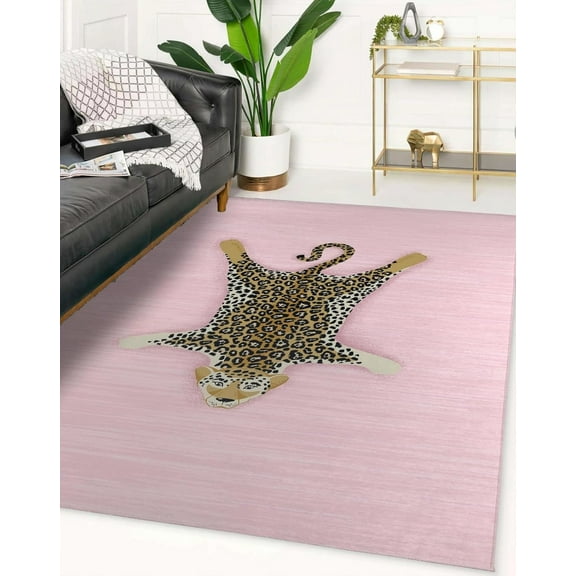 Modern Leopard Wool Area Rug with Anti Slip Backing Animal Print Cheetah Area Carpet for Living Room Diningroom Bedroom Washable Soft Rugs 4x8 ft Pink
