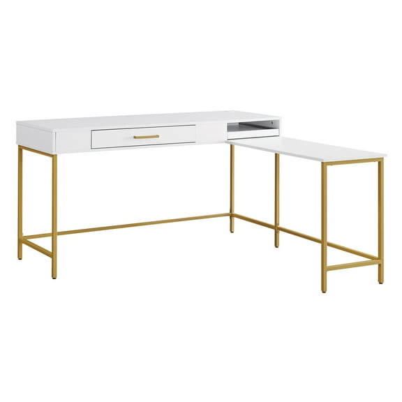 Modern Life White L Desk Charger Drawer with Gold Metal Legs