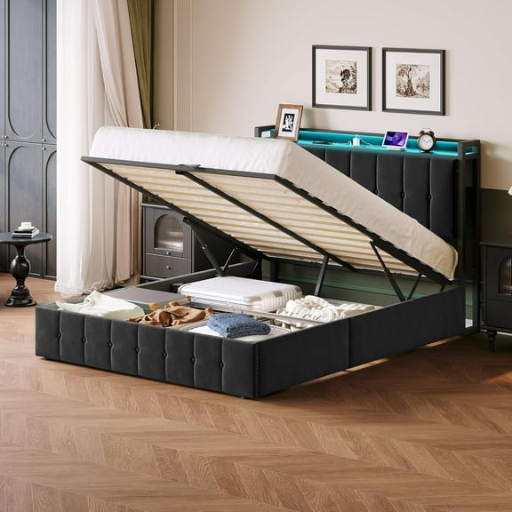 Upholstered Metal Platform Bed Frame with Lift-Up Storage, Hydraulic System for Bedroom,Full,Black