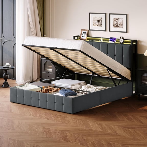 Upholstered Metal Platform Bed Frame with Lift-Up Storage, Hydraulic System for Bedroom,Full,Dark grey
