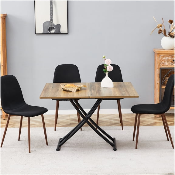Modern Lift-Top Coffee Dining Table Set with 4 Chairs, Black Metal Legs & Wood Grain Top, Adjustable Height