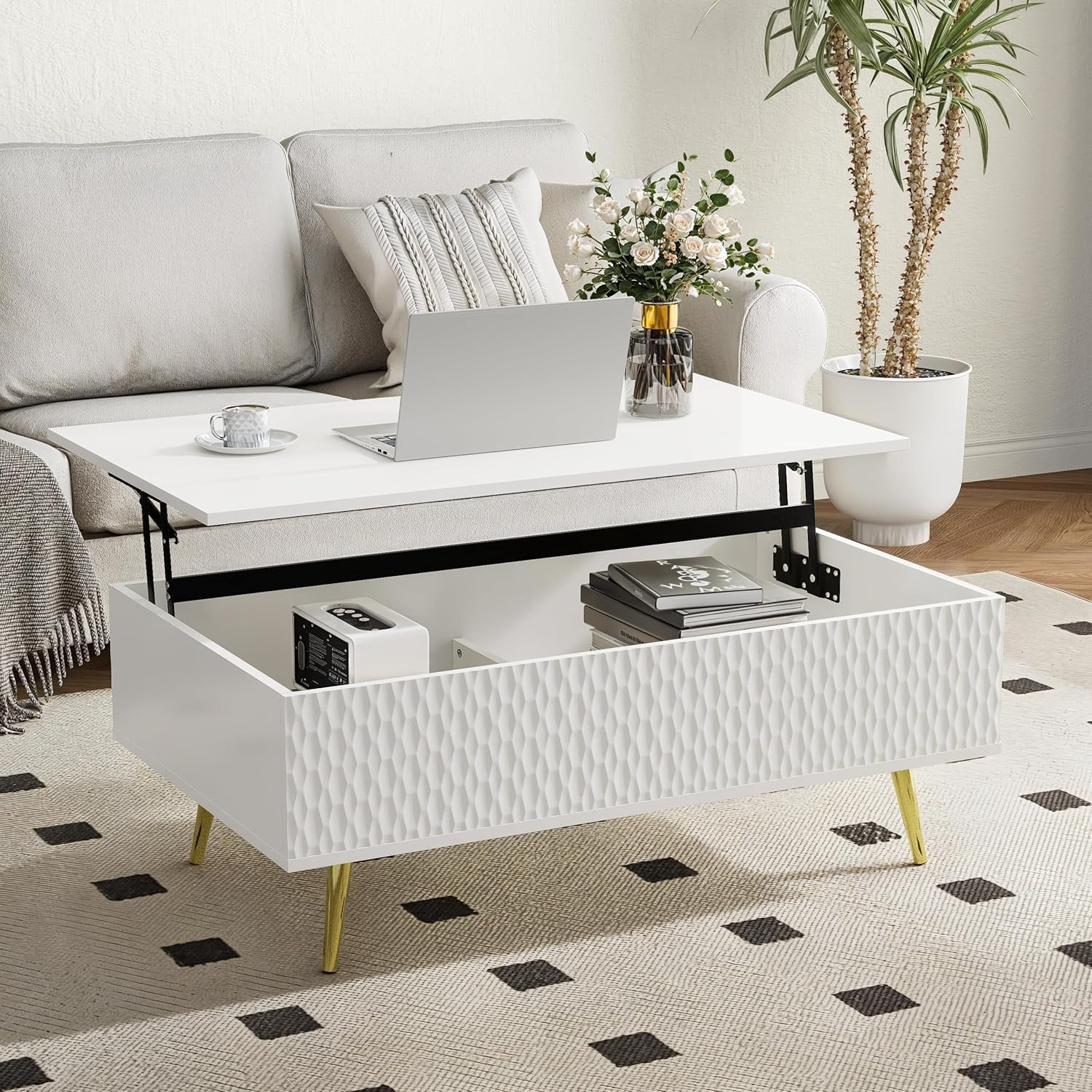Elegant White Fluted Coffee Table with Lifting Top for Modern Living Spaces