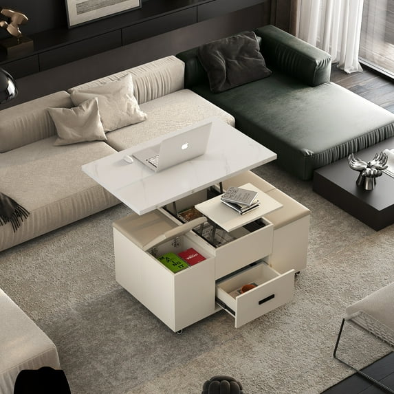 Modern Lift Top Coffee Table with 6 Wheels and 4 Storage Stools, Mobile Central Table with 1 Hidden Compartment and 2 Drawers, Converts to Dining Table for Living Room, Home Office, Light Yellow