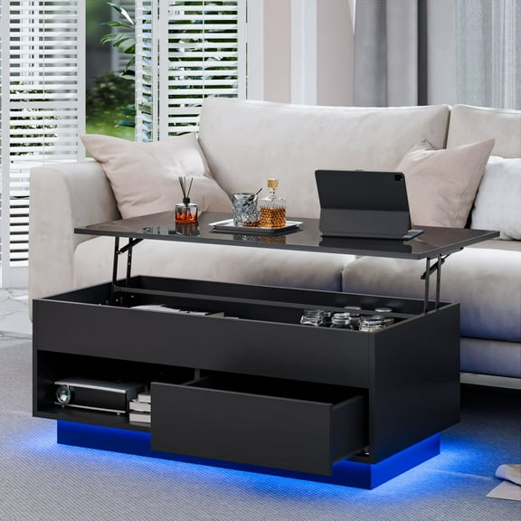 Modern Lift Top Coffee Table with Hidden Compartment LED Coffee Table High Gloss Sofa Side Cocktail Tables Black with Drawer & Open Shelf for Home Office