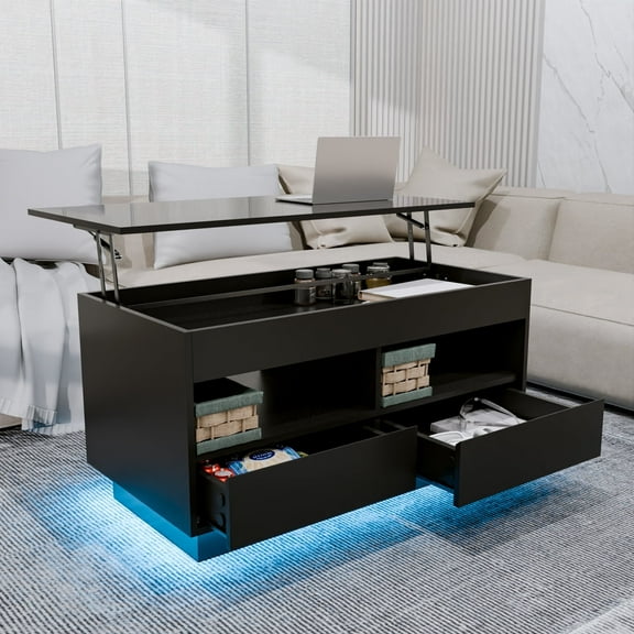 Modern Lift Top Coffee Table with Hidden Storage Compartment LED Coffee Table High Gloss Sofa Side Cocktail Tables Black with 2 Drawers & Open shelves for Home Office