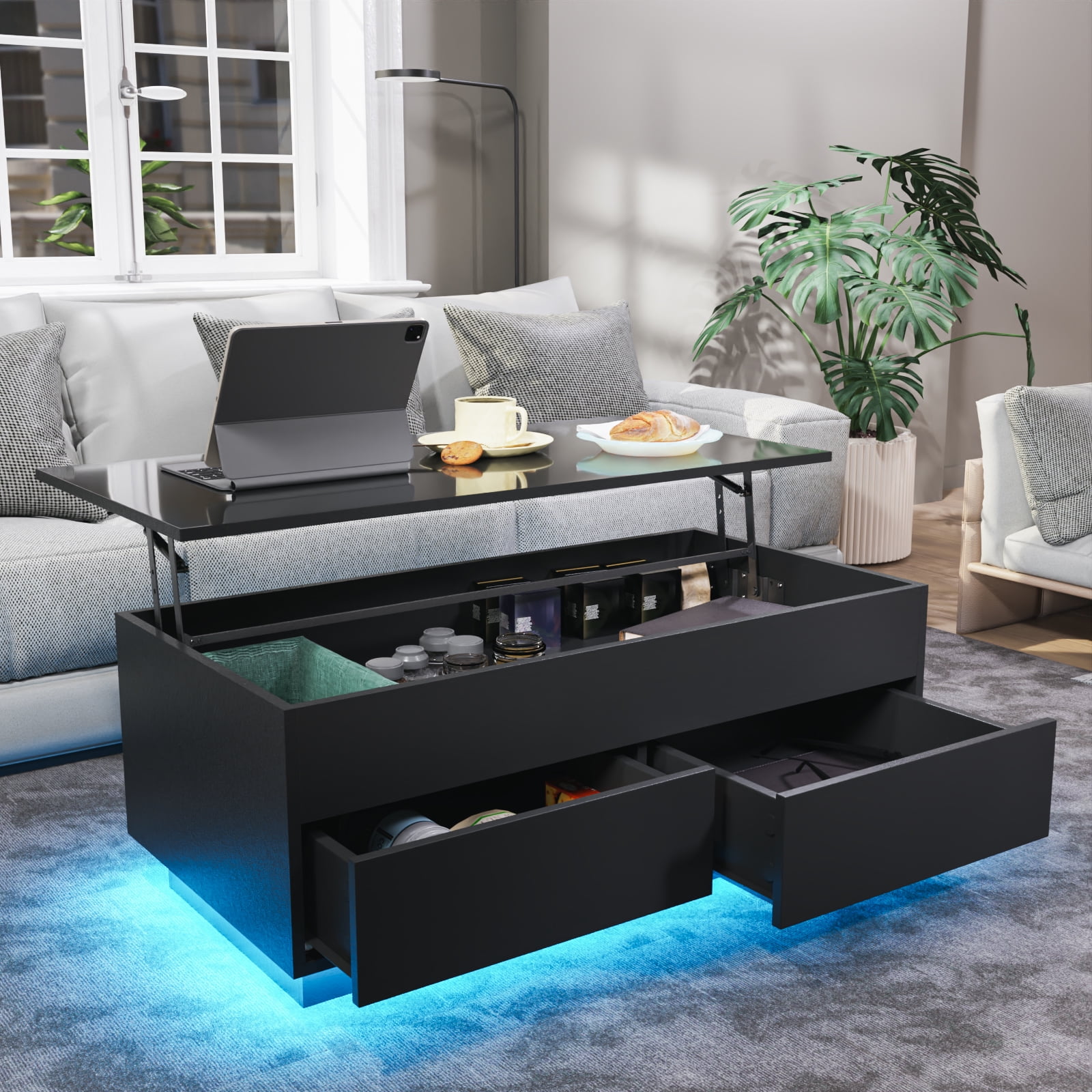 Modern Lift Top Coffee Table with Hidden Storage Compartment LED Coffee ...