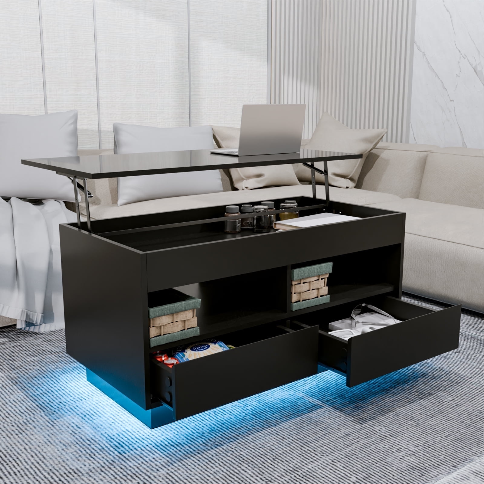 Modern Lift Top Coffee Table with Hidden Storage Compartment LED Coffee ...