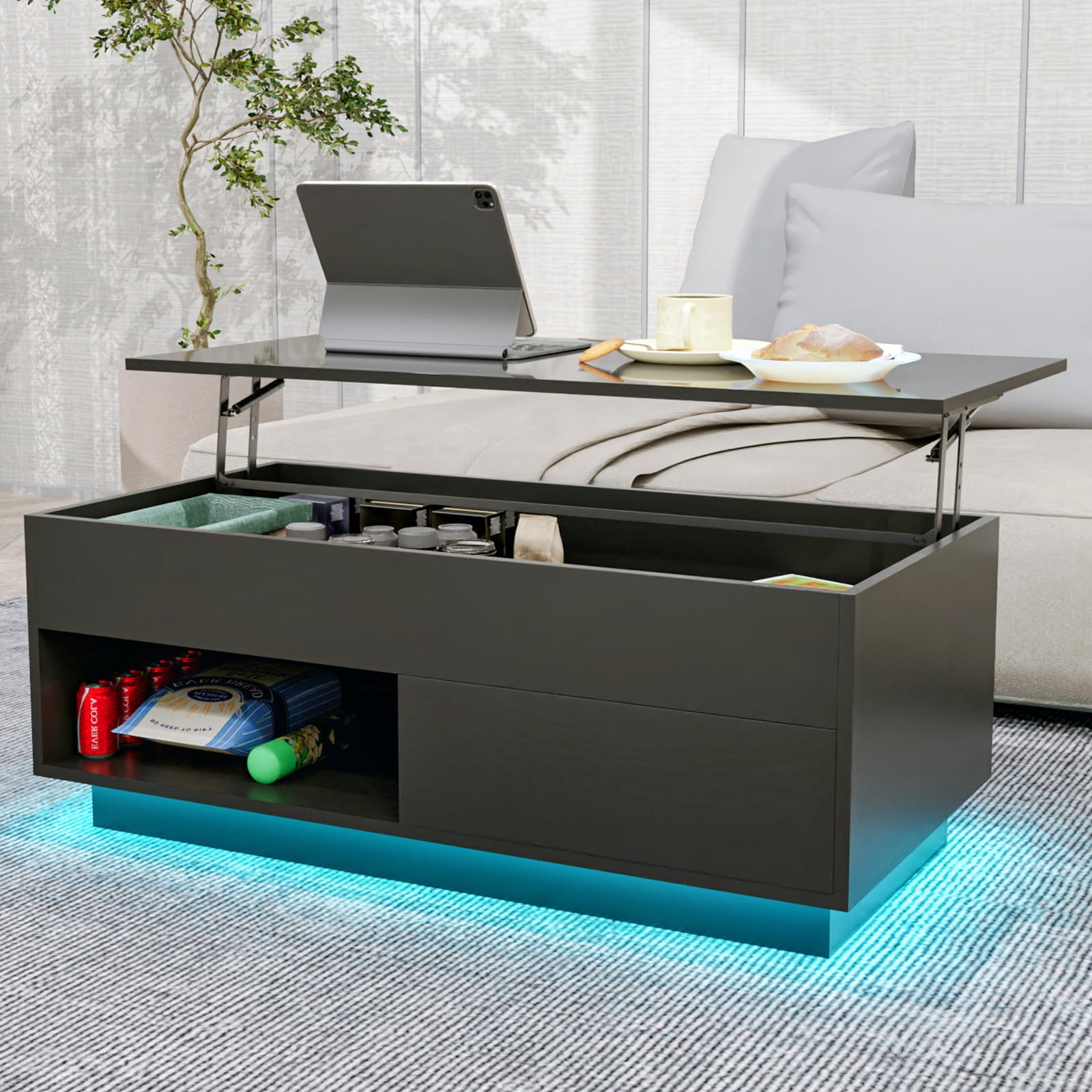 Modern Lift Top Coffee Table with Hidden Storage Compartment LED Coffee