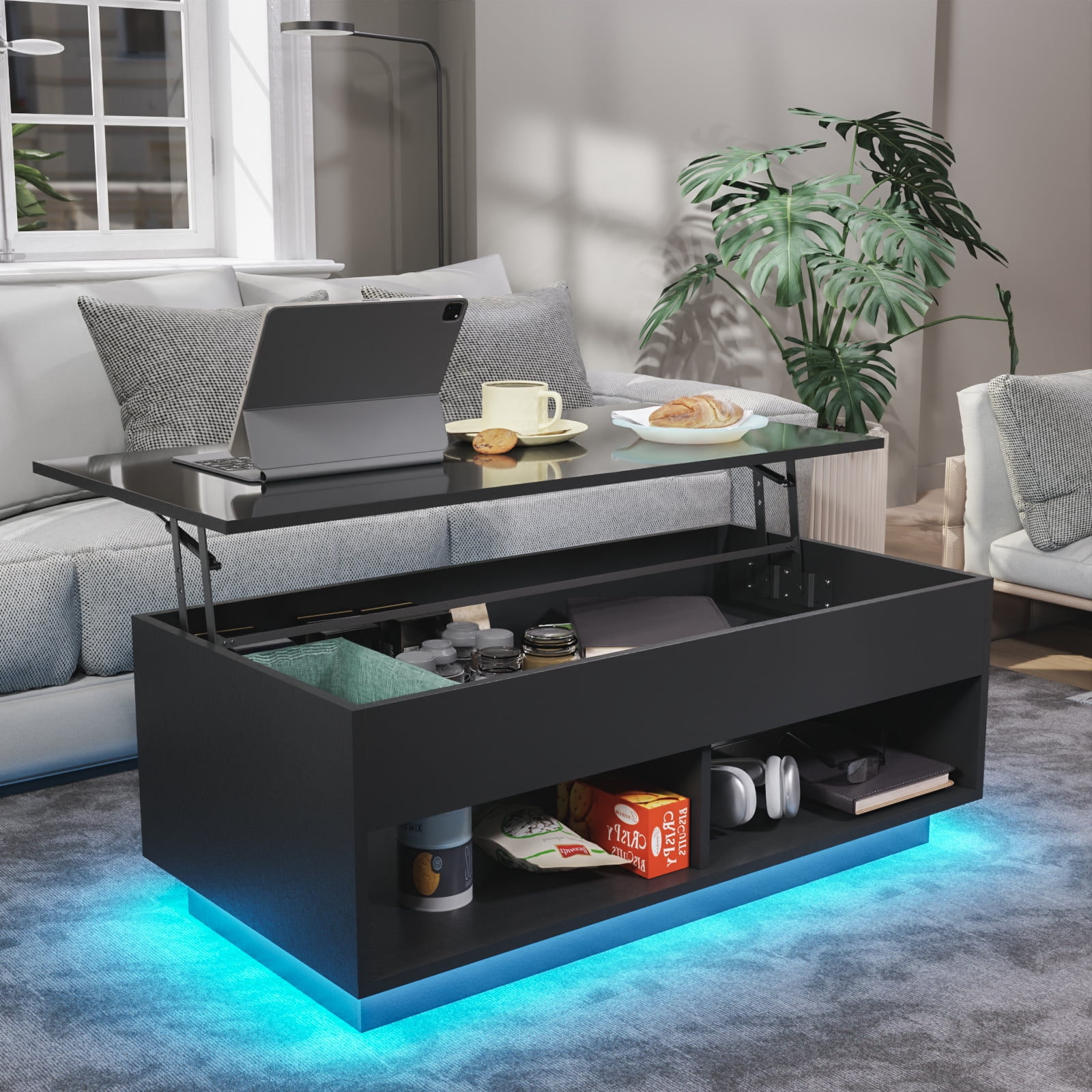 Modern Lift Top Coffee Table with Hidden Storage Compartment LED Coffee