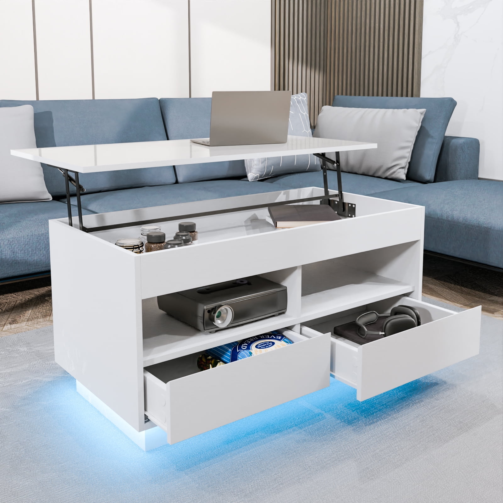 Modern Lift Top Coffee Table with Hidden Storage Compartment LED Coffee