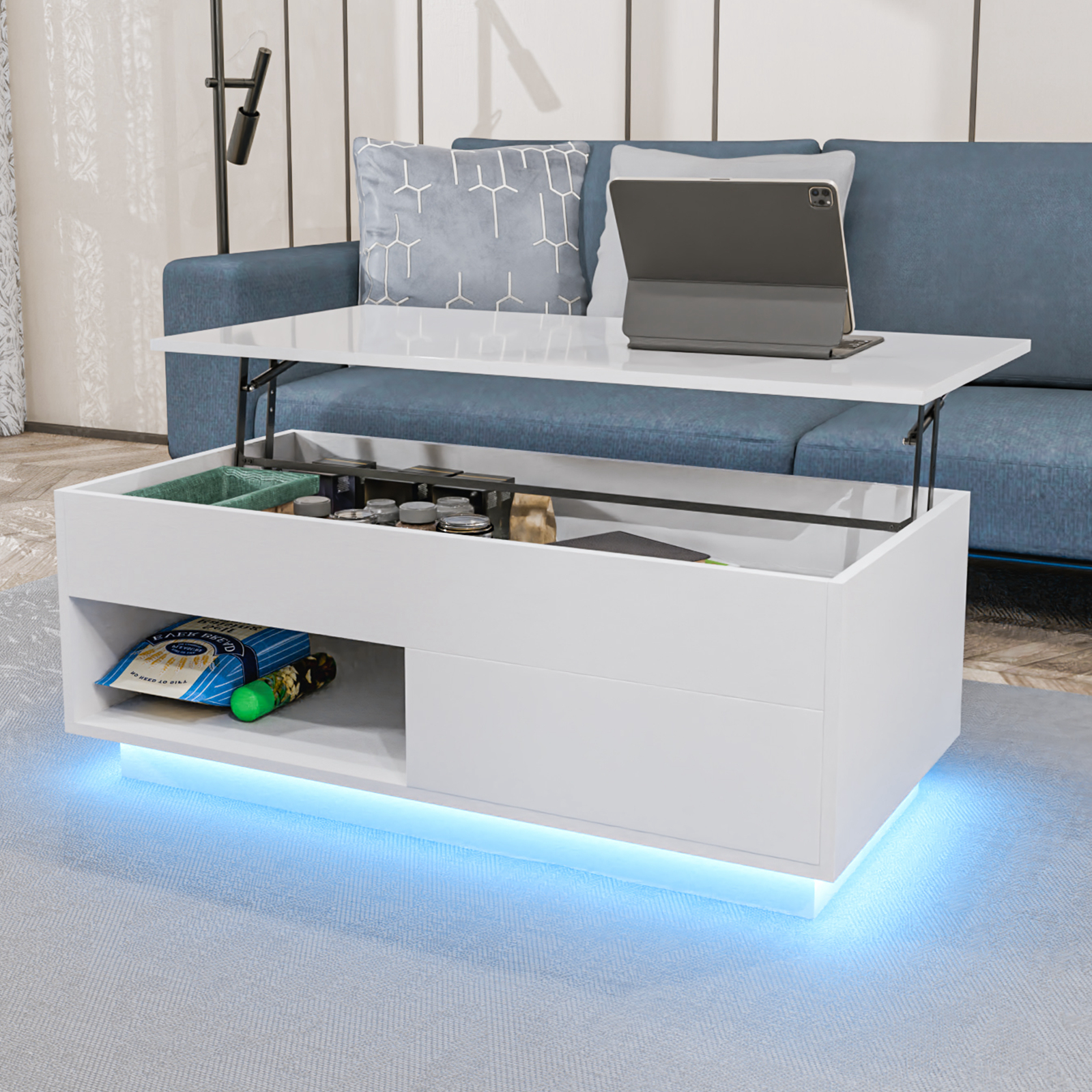 Modern Lift Top Coffee Table with Hidden Storage Compartment LED Coffee