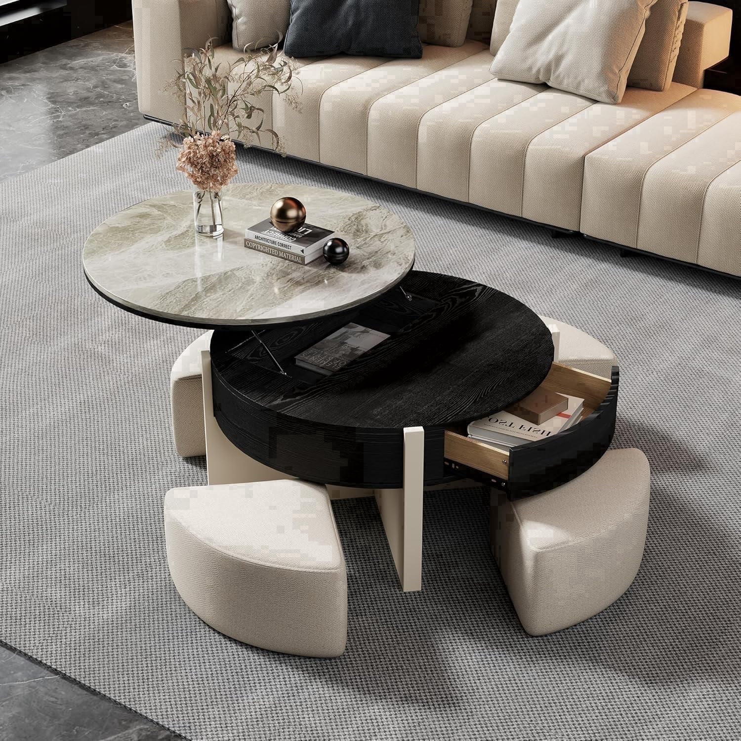 Modern Lift Top Coffee Table for Living Room, 31.5" Round Coffee Table with Storage Drawer, Lift Coffee Table with Stools, Wood Coffee Table with Sintered Stone Top