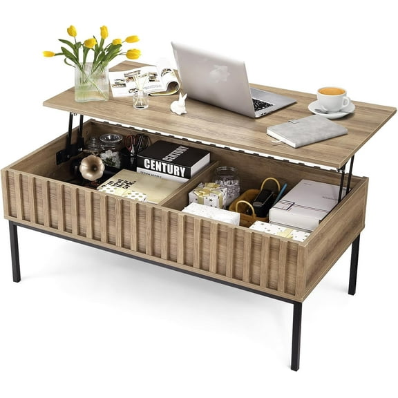 Brown Lift Top Coffee Table with Hidden Storage, Wooden Rising Center Table for Living Room & Home Office