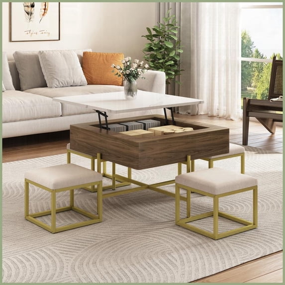 Modern Lift-Top Coffee Table Set with 4 Ottomans, Space-Saving Storage for Living Room, White/Walnut