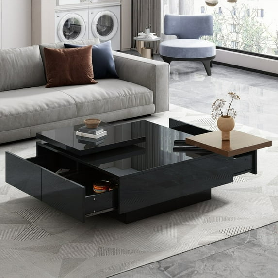 Modern Lift-Top Coffee Table Set with Storage & 4 Ottomans|White & Walnut
