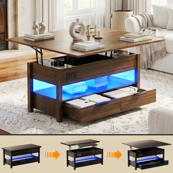 Modern Lift Top Coffee Table, Smart Charging Station with AC & USB Ports, LED Light, 2 Drawers Hidden Storage, Wooden Multi-use Tea Table for Home Living Room