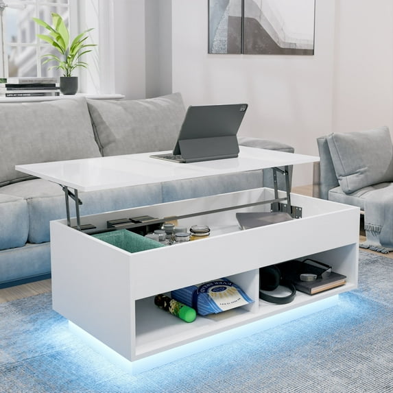 Modern Lift Top Coffee Table with Hidden Compartment LED Coffee Table High Gloss Sofa Side Cocktail Tables White with Open Shelf for Home Office