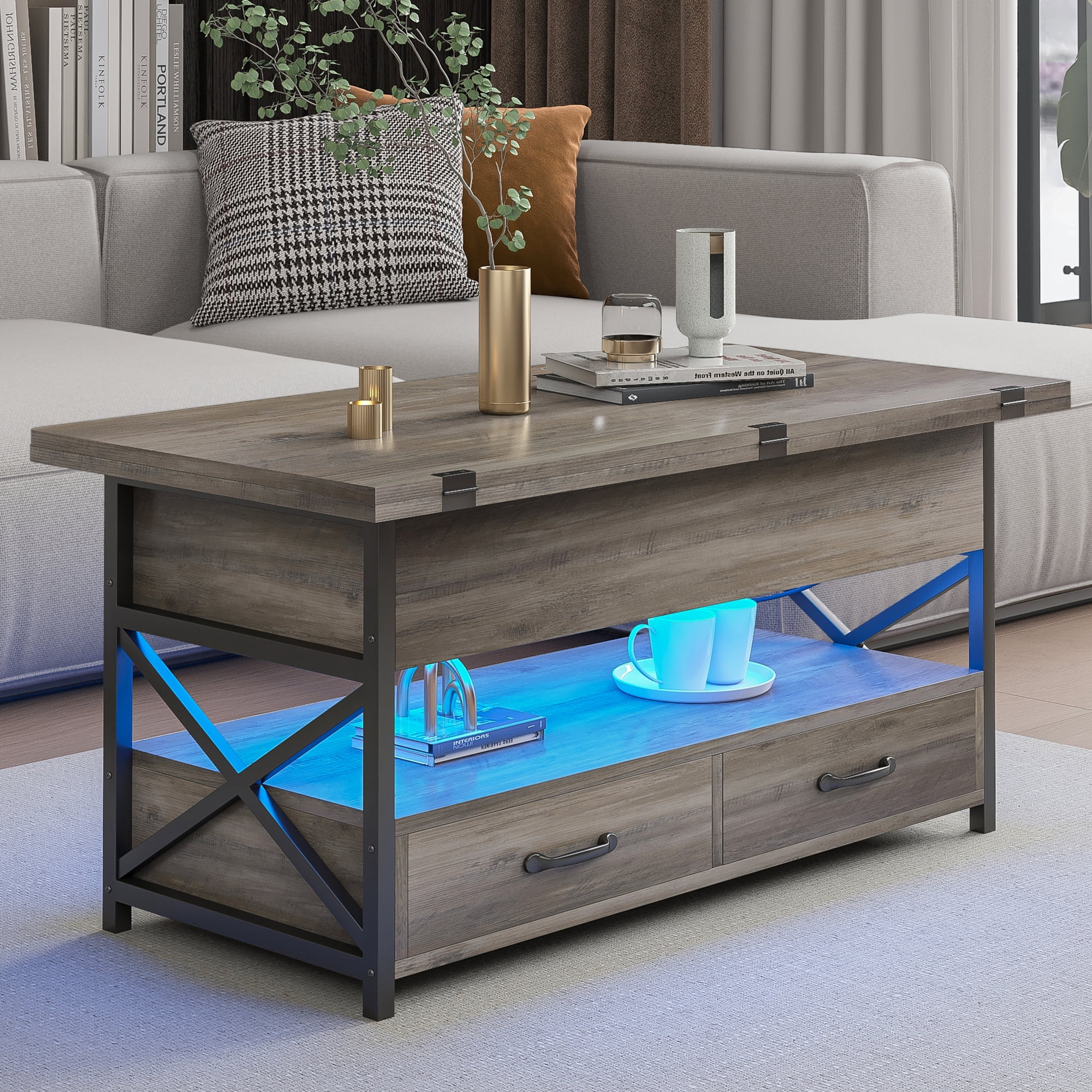 Lift Top Coffee Table with LED Light and Power Outlet Farmhouse Coffee ...