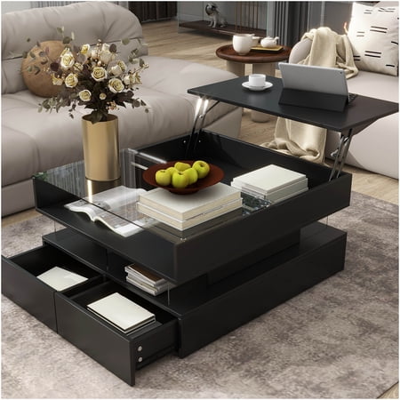 Modern Lift-Top Coffee Table with LED Lights, 2 Drawers and Hidden Storage, Black Glass Top Lift Table for Living Room