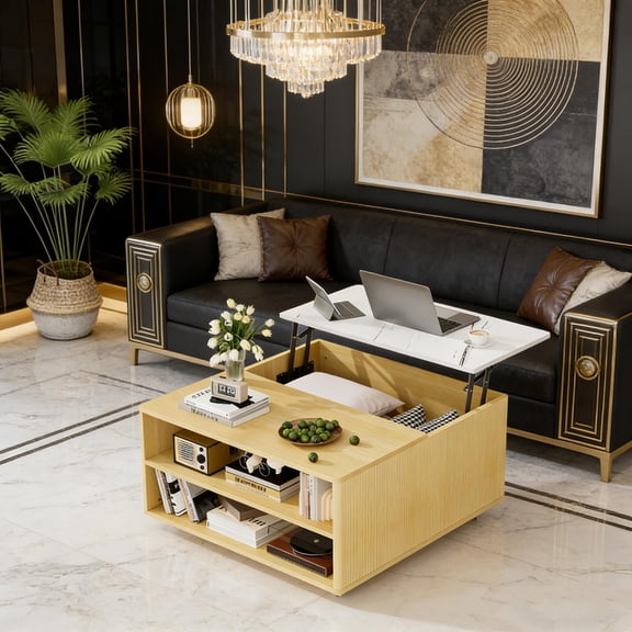Modern Lift Top Coffee Table with Storage, Rising Desktop for Work or Dining, Living Room Center Table with Concealed Compartment