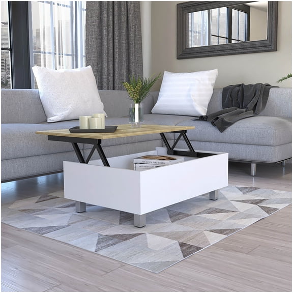 Modern Lift Top Coffee Table with Storage, White Light Oak Finish Annapolis