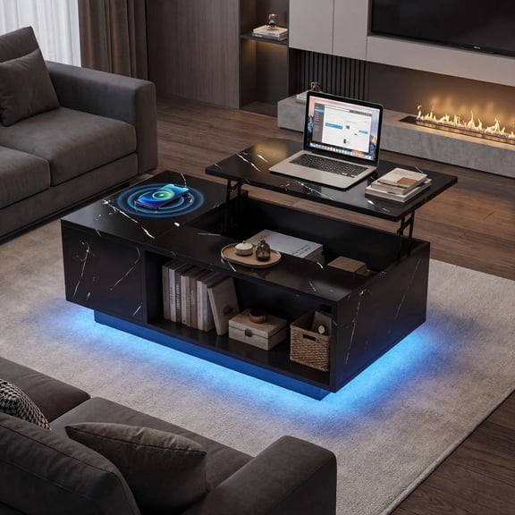 Modern Lift-Top Coffee Table with Wireless Charging Bluetooth Speaker, USB & LED