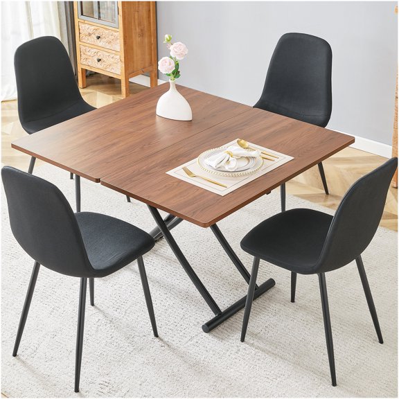 Modern Lift-Top Dining Table Set with 4 Chairs, Black Walnut Wood Grain MDF Top & Metal Legs, Adjustable Height Multi-Function Table for Kitchen, Dining Room, Office