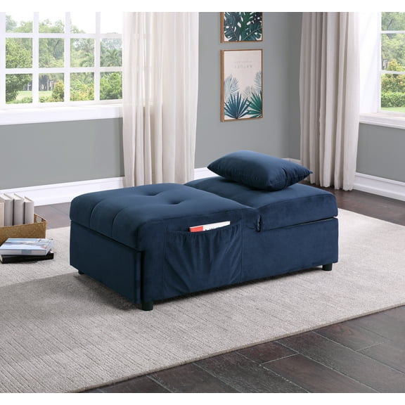 Modern Lift Top Storage Bench with Pull-out Bed 1pc Dark Blue Velvet Tufted Solid Wood F
