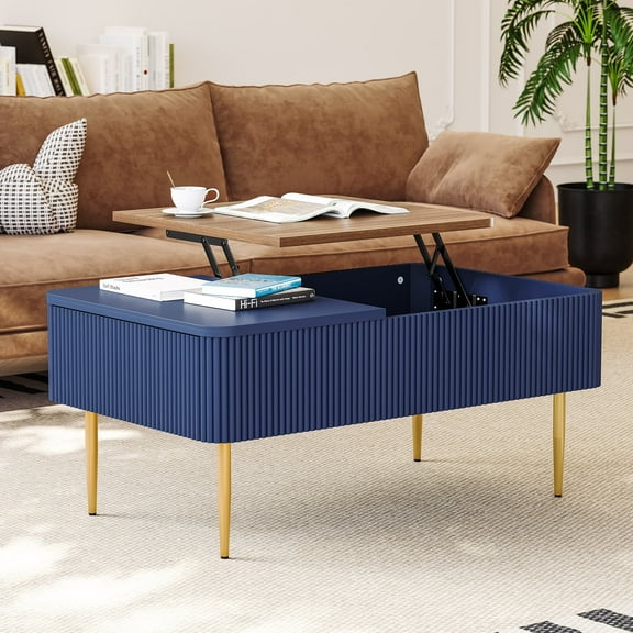 Modern Lift Top Wooden Coffee Table with Hidden Compartments and Shelves - Perfect for Small Homes, Apartments, Blue