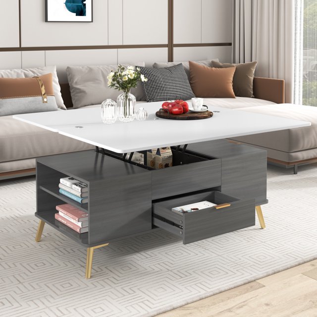 Modern Lift Up Coffee Table with Drawers& Extensible Desktop, Coffee
