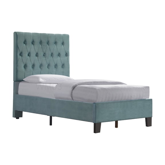 Modern Light Blue Upholstered Twin Platform Bed, Space Saving Design with Solid Wood Frame