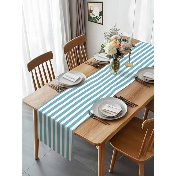 Modern Light Blue and White Stripe Table Runner 13x70in Non-Slip Cotton Linen Table Runners, Minimalist Line Art Dresser Scarves TableRunner for Dinner Kitchen Dining Wedding Party